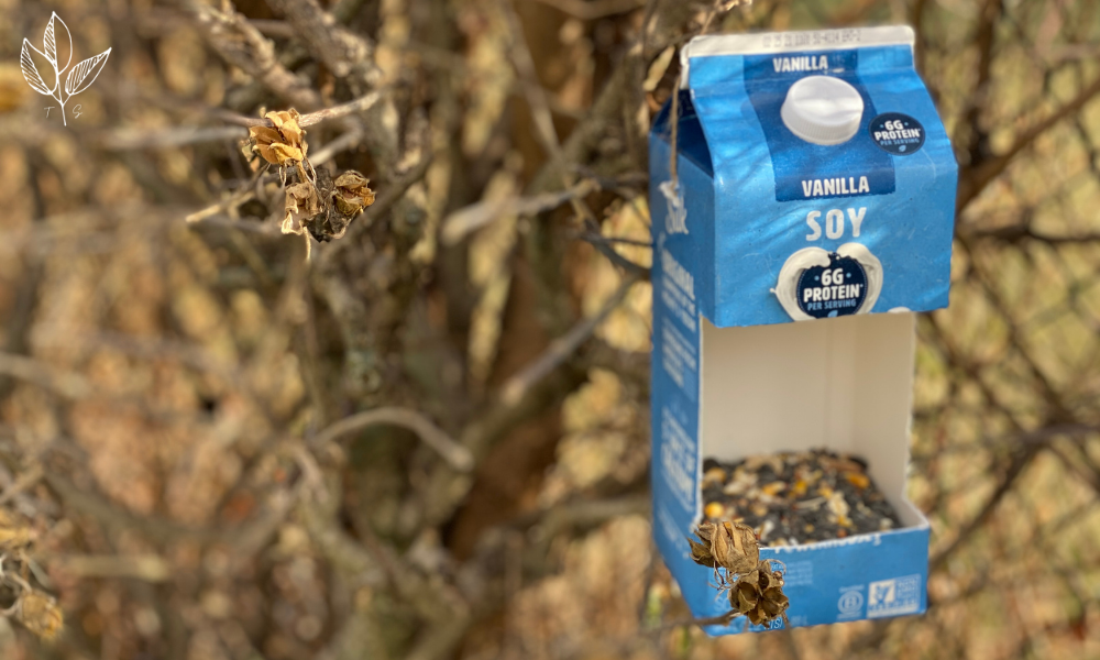 a drink carton has been upcycled into a bird feeder and hangs in a branch on a bush outside