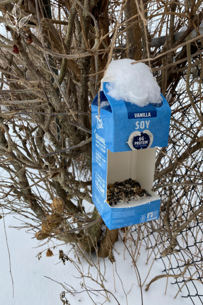 a milk carton has been transformed into a bird feeder and is hanging from a branch outside