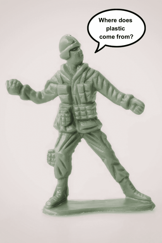 Plastic Toy soldier with a speech bubble that says “where does plastic come from?”
