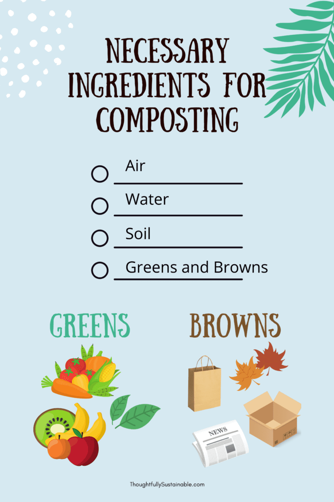 Necessary ingredients for composting include air, water, soil, and organic matter, referred to as greens and browns.