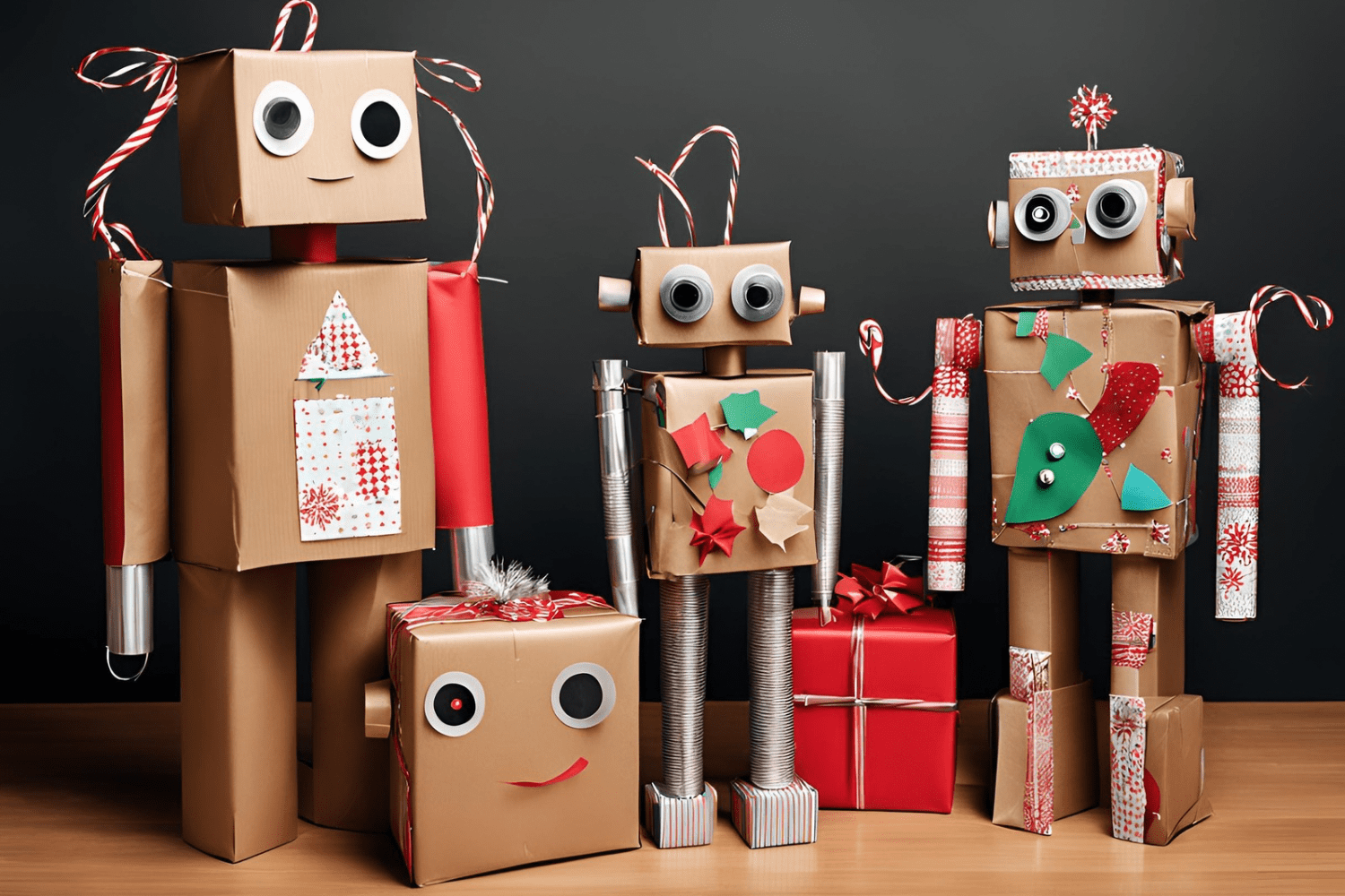 Robots made from used holiday packaging such as wrapping paper, cardboard boxes, etc.