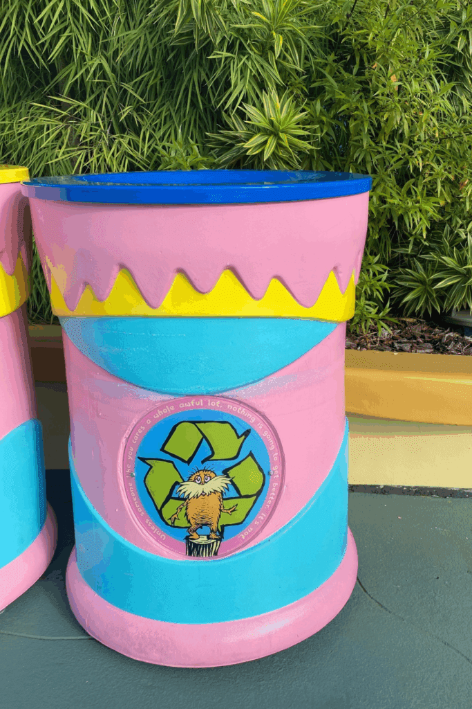 Recycling bin with an image of the Lorax on the front